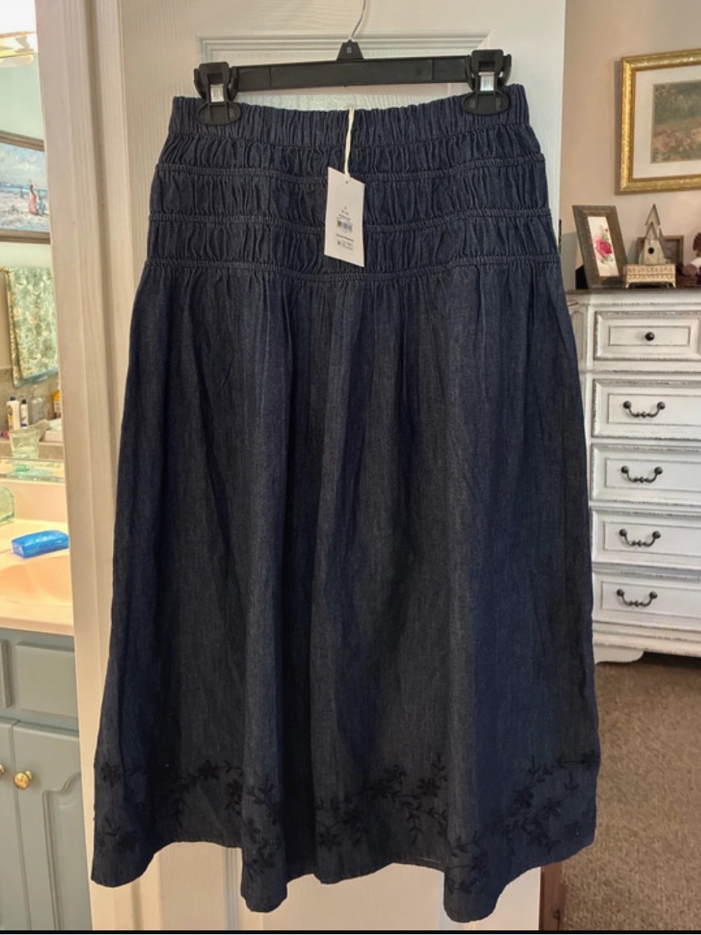 NWT Free Assembly Dark Blue Smocked Embroidered Midi Skirt SZ S/4-6